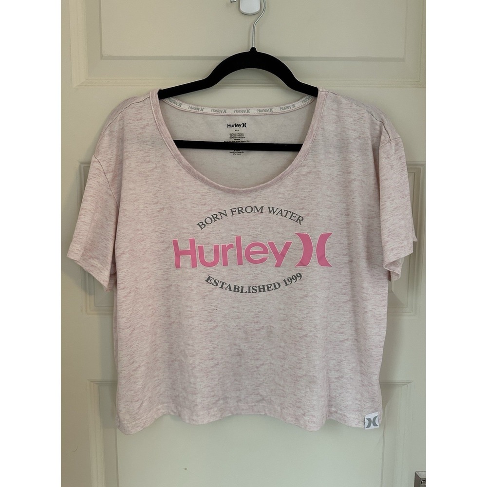 Hurley Born From Water Pink Women Scoop Neck Cropped Short‎ Sleeve Shirt Size L